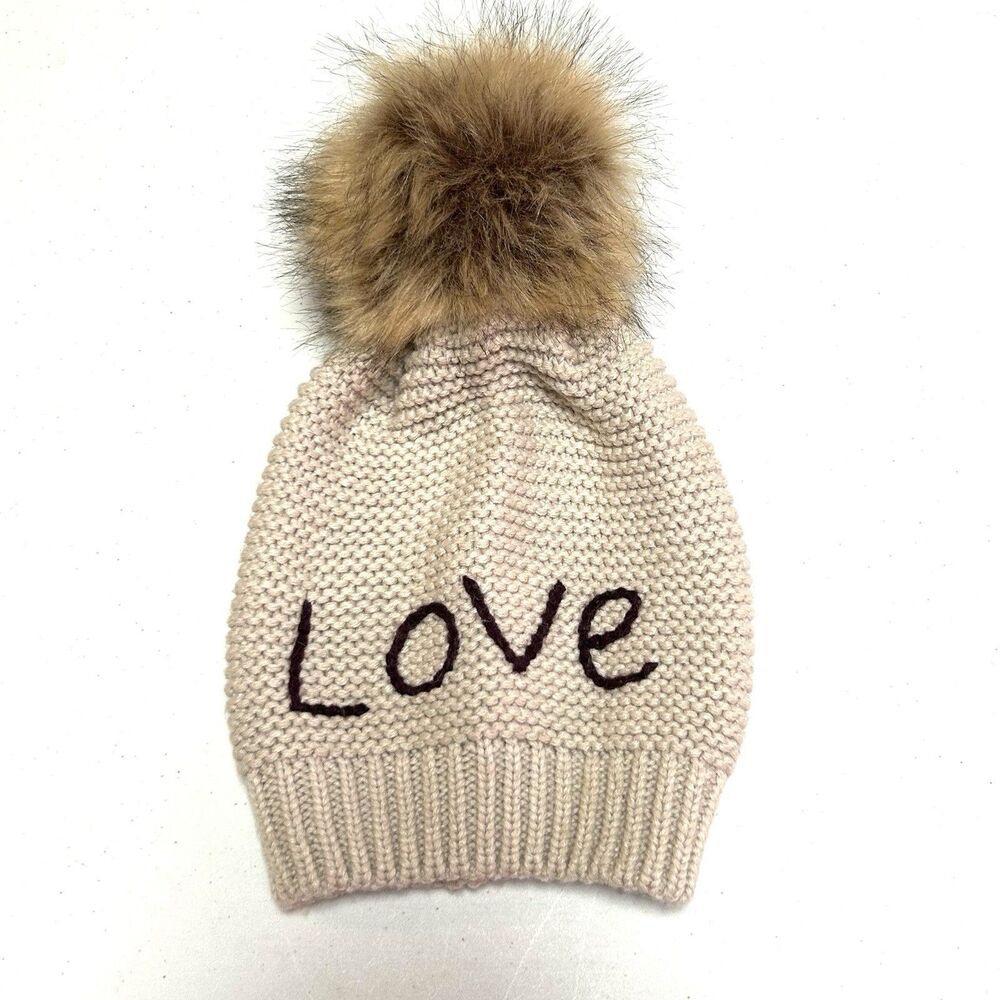 Hat Attack Love Beanie Cream Knit Hat Faux Fur Pom Chunky Winter Womens